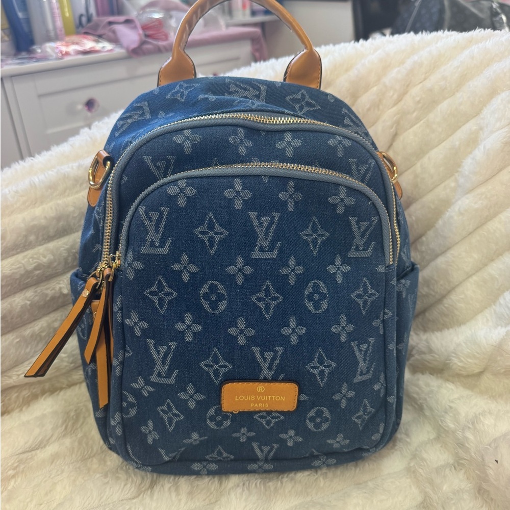 Source Unknown Blue Monogram Backpack with Tan De… - image 1